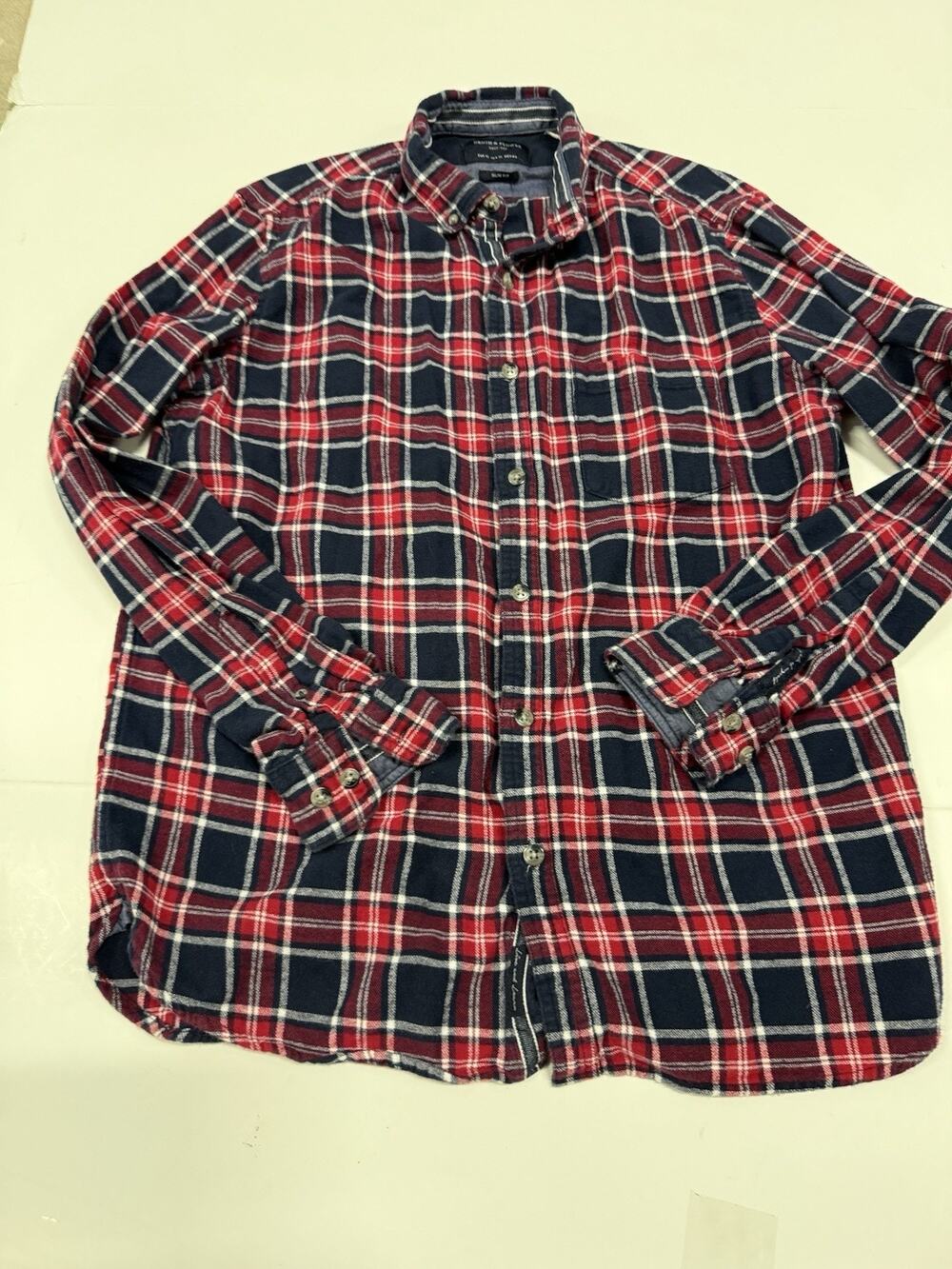 Denim & Flower Shirt Mens XLarge Blue Red Plaid Flannel Button Up Casual